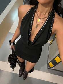 Aloruh Vestido mini de mujer con escote pronunciado y espalda descubierta, de verano - Negro - Ver 2