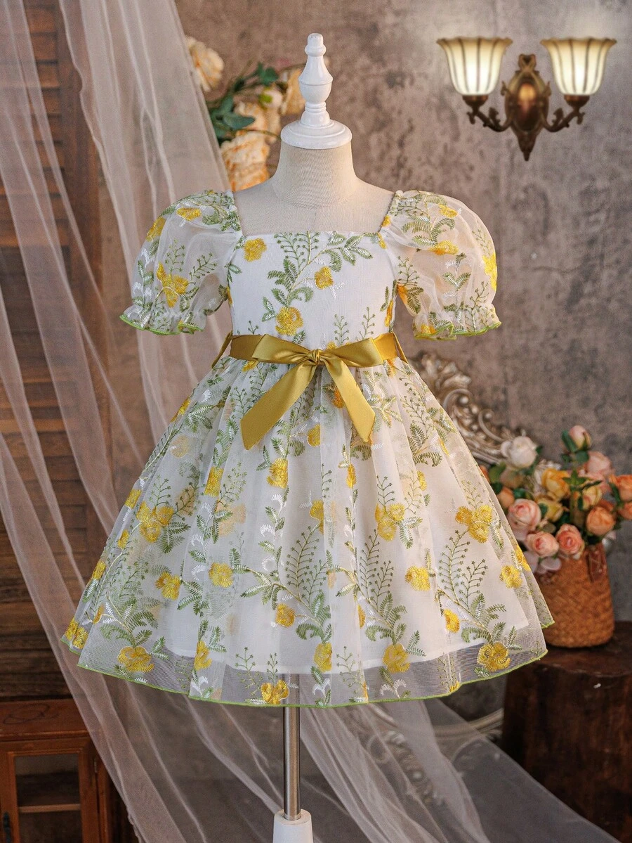 Young Girl Summer Vacation Birthday Party Embroidered Mesh Square Neck Petal Sleeve Belted Dress - Yellow - View 1