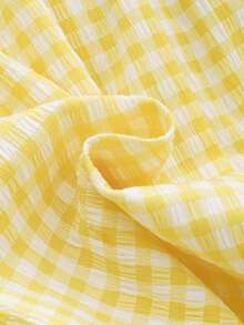 SHEIN 女婴浅黄色格子泡泡袖雏菊荷叶边下摆休闲连衣裙，适合日常穿着，可爱优雅的假日装扮 - 黃色 - 查看 8