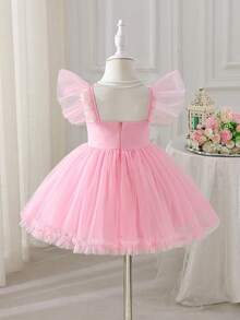 SHEIN Glamorique Kids Baby Girl Tulle Bow Ruffle Dress - Pink - View 2