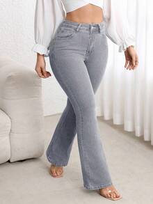 Flexra Plus Size High Waist Slim Fit Flare Leg Washed Dark Blue Jeans - Light Grey - View 3