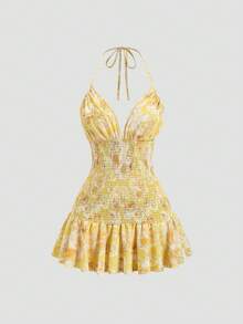 SHEIN Sweetro Vestido mini con estampado floral, cintura ceñida y espalda descubierta - Amarillo - Ver 1