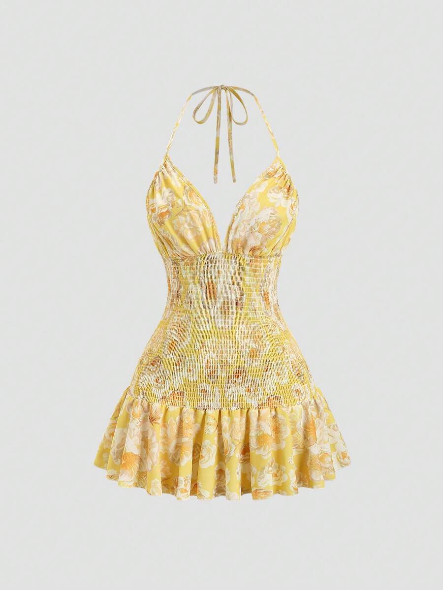SHEIN Sweetro Vestido mini con estampado floral, cintura ceñida y espalda descubierta - Amarillo - Ver 1