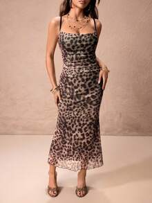 ROMWE PETITE Leopard Print Plunging Neck Sexy Bodycon Mesh Dress For Women - Maroon - View 5