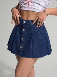 SHEIN ICON 女士高腰单排扣褶裥休闲牛仔迷你裙 - 深色水洗藍 - 查看 4