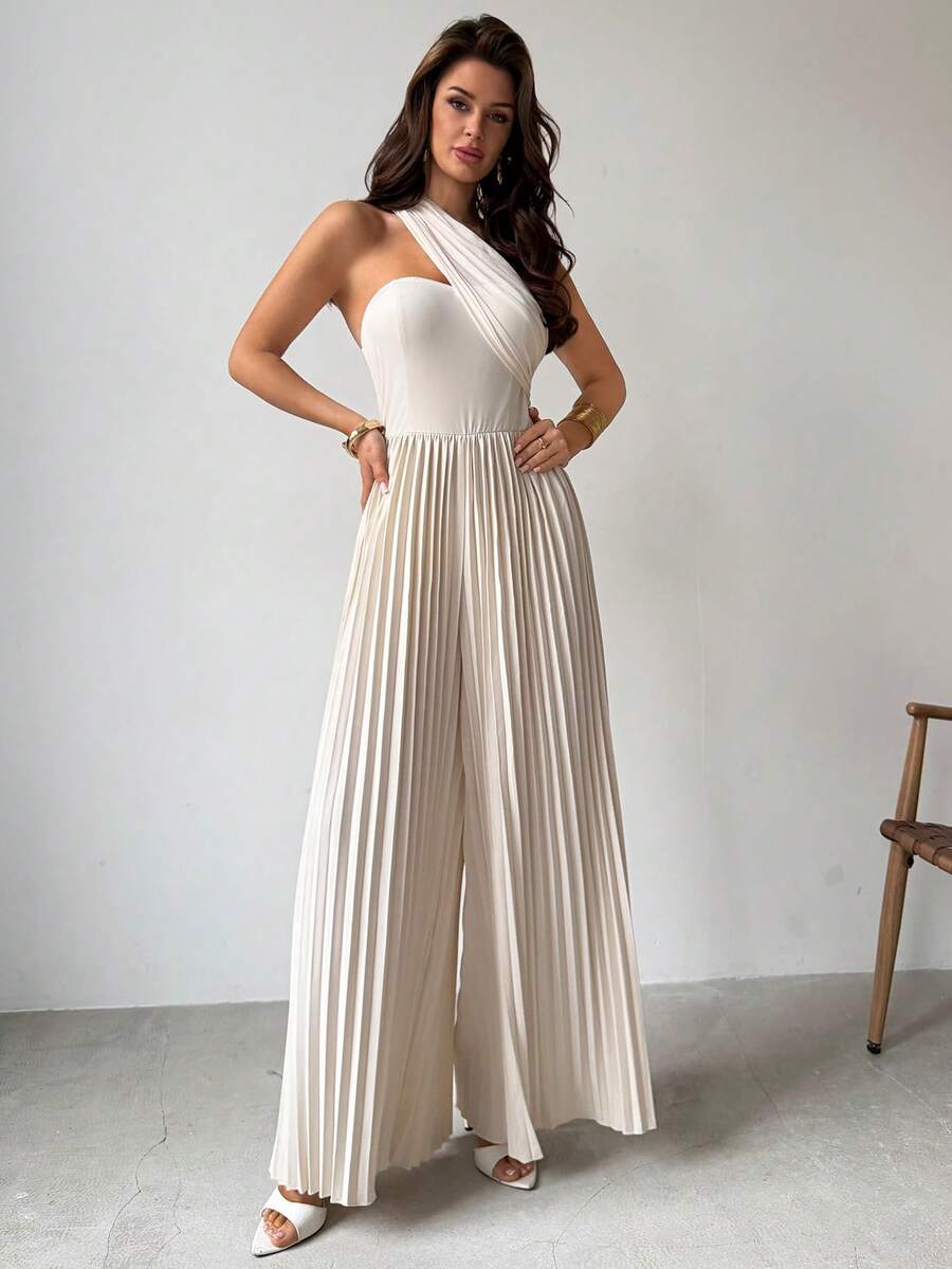 Firerie 优雅浪漫不对称网纱抹胸高腰阔腿连体裤，适合晚宴、节日、情人节、约会、婚礼、出席宾客、度假等场合。 - 杏色 - 查看 1