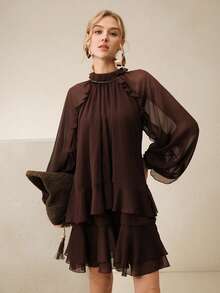 Anewsta Vestido de gasa de lujo de manga larga con pliegues y volantes elegantes de color marrón para mujer - Marrón - Ver 2