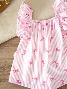 SHEIN 新生女宝宝可爱夏季休闲粉白条纹蝴蝶结连体衣 - 粉色 - 查看 6