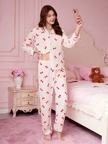 Bonmuse 条纹爱心印花女士泡泡褶皱长袖睡衣套装 - 粉色 - 查看 5