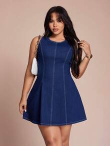 SHEIN CURVE+ Plus Size Navy Blue Summer Sleeveless Denim Dress,Women's Curve Friendly Smart Casual Round Neck Mini Dress For Everyday Wear,Chic Elegant Party Y2k - Blue - View 7
