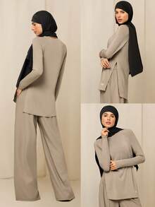 GLOWMODE X Reem Modest Tencel™ Modal All-Day Ease Silky-Soft Smooth Stretchy Lightweight Side-Split Hem Mid-Length T-Shirt Daily Casual Wear - Khaki - View 7