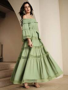 Anewsta 女士露肩花卉刺绣收腰优雅连衣裙 - 綠色 - 查看 3