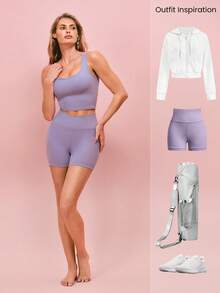 GLOWMODE FeatherFit™ U型背部镂空运动交叉背心，轻度支撑，适合低强度瑜伽日常穿着，秋冬季适用。 - 淡紫色 - 查看 6