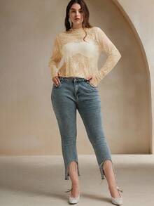Anewsta Sexy Sheer Lace Long Sleeve Blouse - Apricot - View 5