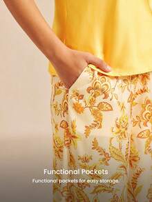 LUVLETTE 性感露背设计黄金缎面睡衣套装 - 时尚吊带上衣和印花阔腿裤，四季皆宜的家居服 - 黃色 - 查看 5