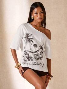 SHEIN BAE 女士不对称领口字母和花卉印花短袖T恤 - 白色 - 查看 5