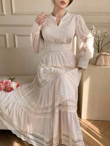 DAZY Đầm dài tay cổ chữ V phối ren màu trơn thanh lịch dành cho nữ, trang phục Valentine cho nữ, đầm hè. - Màu be - Xem 3