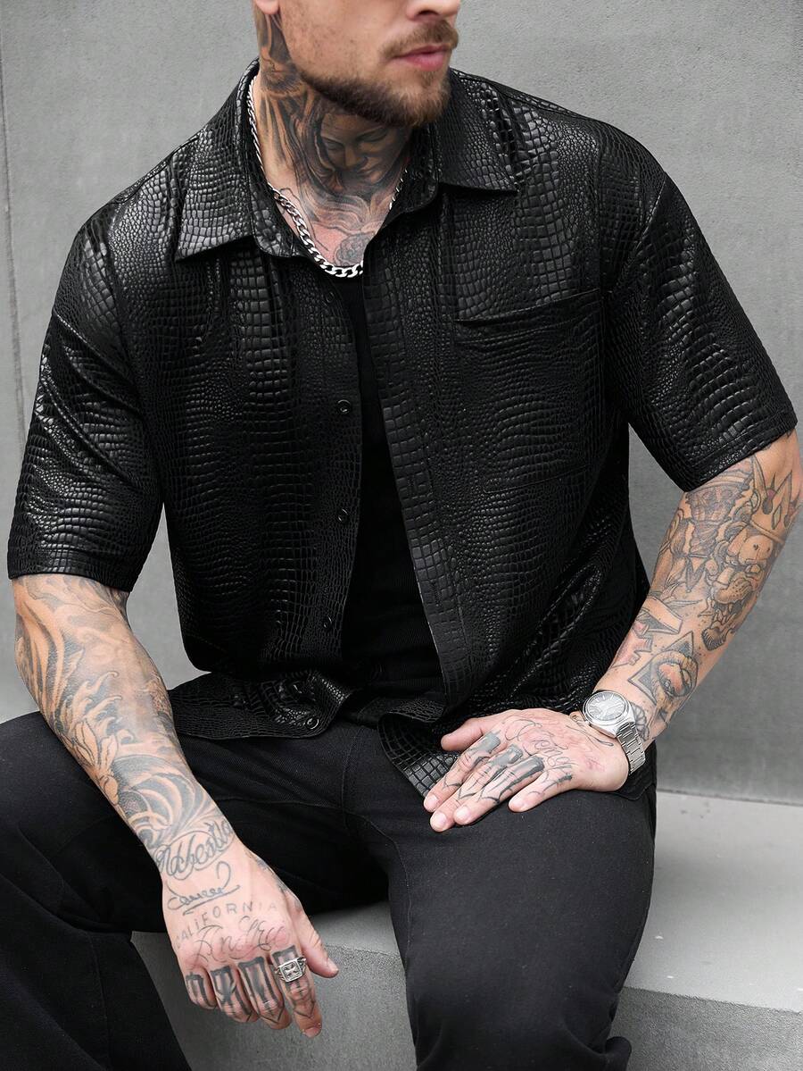SLATEMANN 男士休闲鳄鱼纹压花短袖衬衫,夏季男士蛇纹印花衬衫,男士纽扣衬衫,男士纹理衬衫,男士短袖衬衫,男士鳄鱼纹压花衬衫,复古风格,适合日常休闲、周末旅行、户外活动、探险旅行、轻松的工作环境或半正式场合,可作为男友/丈夫礼物、周年纪念/生日礼物、派对、夏季假期、婚礼、春夏男士嘻哈短裤套装 - 黑色 - 查看 1