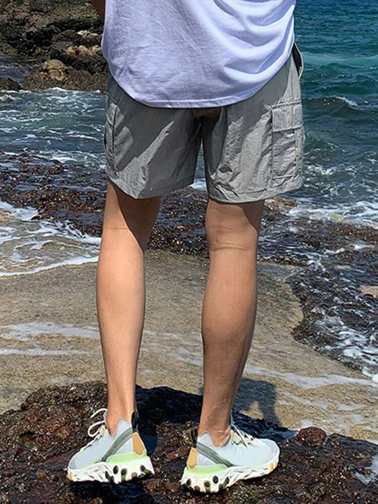 Men's Grey Elastic Waist Textured Fabric Casual Shorts, Summer