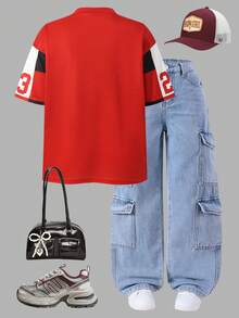 SHEIN ChillGRL 少女休闲街头日常通勤字母撞色条纹印花V领短袖针织T恤 - 紅色 - 查看 2