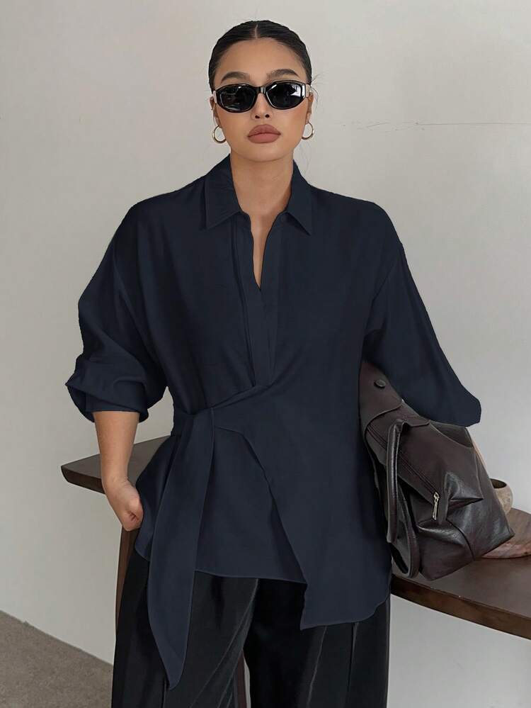 Dazy Plus Plus Size Women's White Long Sleeve Shirt With Turndown Collar, Half-Open Front, Drawstring Hem, Suitable For Spring And Autumn Summer