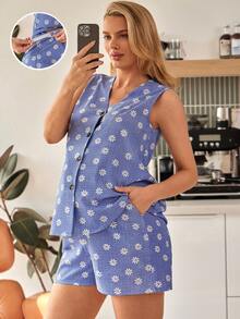 SHEIN 孕妇夏季海滩度假风雏菊印花纽扣前开襟无袖上衣和可调节腰围短裤两件套 - 藍色 - 查看 1