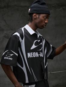 NEON BLANC Herrskjorta med kort ärm och bokstavstryck, sommar, avslappnad - Svart och Vitt - Visa 7