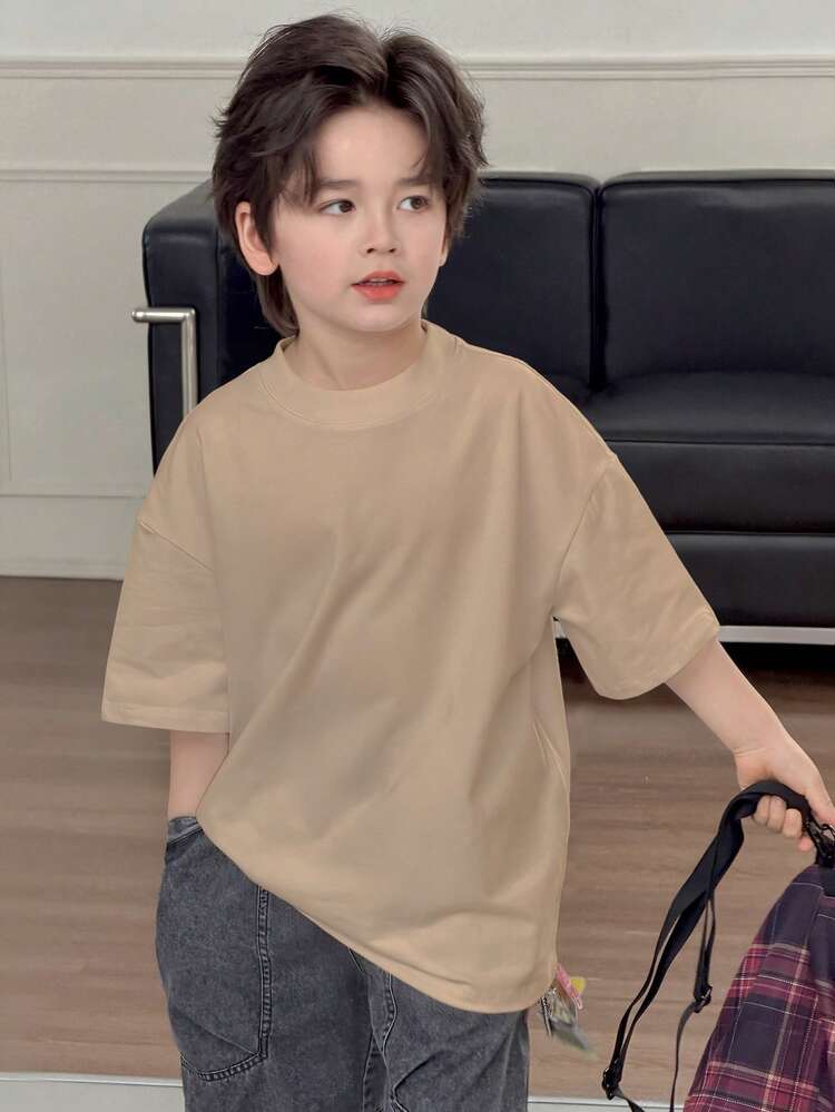 Tween Boy Solid Color Round Neck Drop Shoulder Casual Loose Short Sleeve T-Shirt Summer