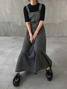 FRIFUL Gaun Denim Kasual Tanpa Punggung Berlubang Warna Polos untuk Wanita, Cocok untuk Liburan Musim Panas - Biru - View 5