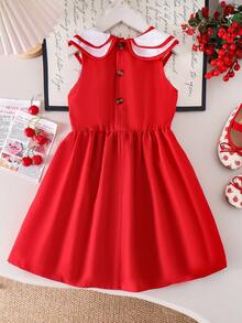 少女红色双层彼得潘领无袖束腰蝴蝶结樱桃印花连衣裙，时尚夏季海滩度假风 - 紅色 - 查看 2