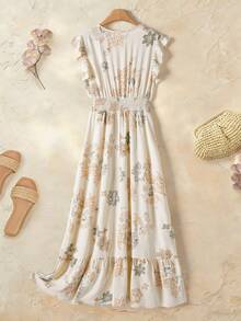 Rusticease Women's Casual V-Neck Vacation Dress With All-Over Print, Flared Sleeves, Ruched Waist, Ruffle Hem, Summer - Multicolor - View 2