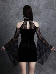 Glisette Romantic Stand Collar Halter Lace & Velvet Patchwork Black Dress For Women Goth Dresses For Women Witchy Dress Black Velvet Dress Vampire Dress Lace Sleeve Dress - Black - View 2