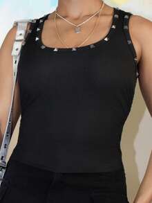 Steph T Women's Street Style Rivet Decorated Fitted Tank Top, Autumn - Black - View 6