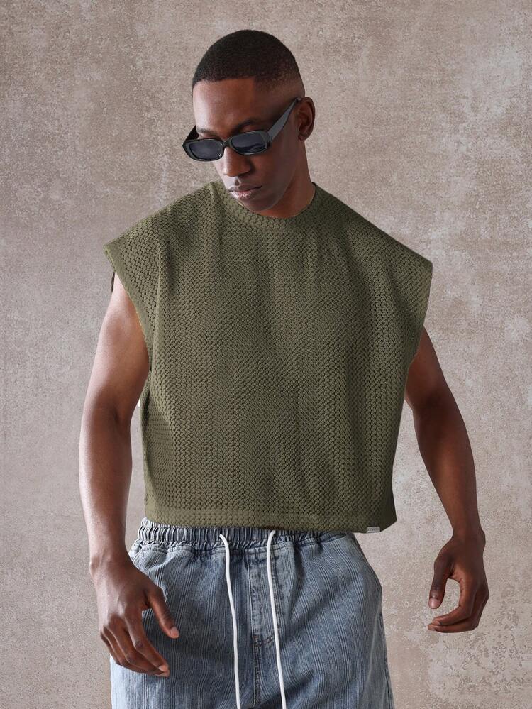 Cropped Crochet Tank Top With Crew Neck