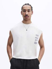 SUMWON 男士短款宽松印花背心，胸前印花图案，无袖夏季休闲街头风肌肉背心 - 杏色 - 查看 4