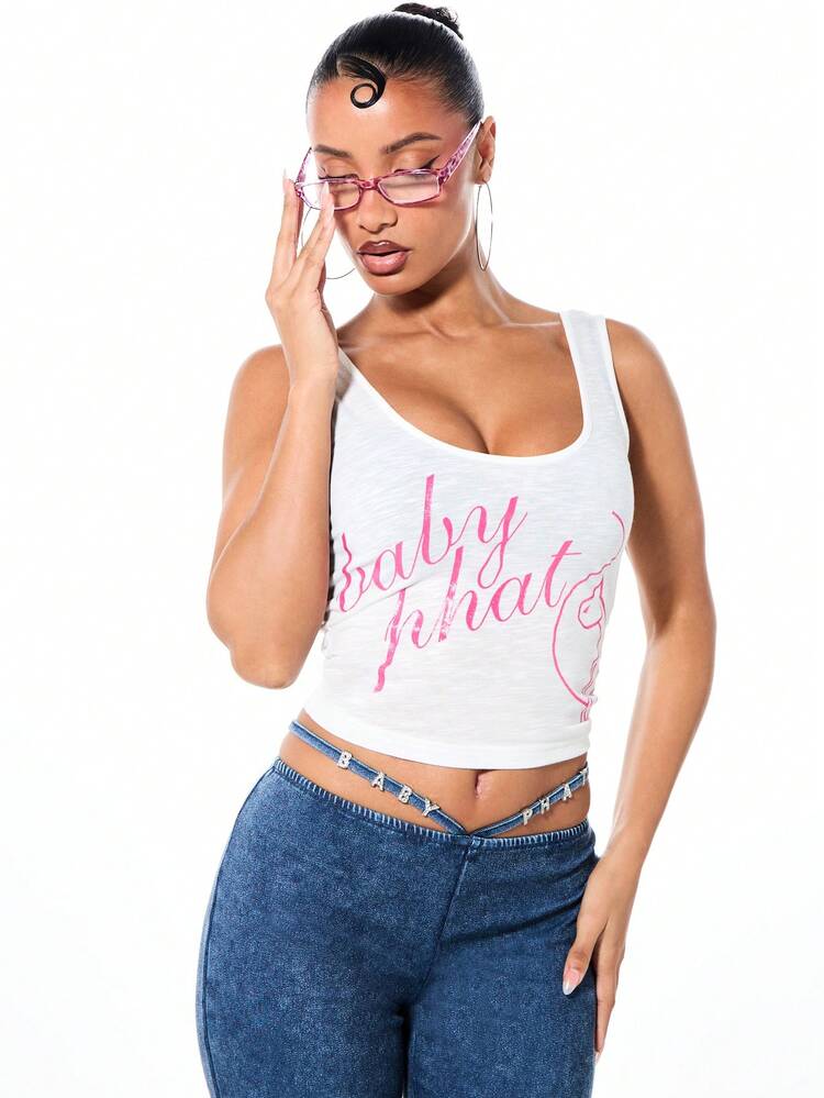 BABYPHAT Women Baby What Slogan Tank Top With Pink Cursive Script Print And Scoop Neckline For Casual Summer Everyday Wear