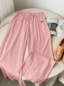 Comfortcana 女士抽绳腰带骑士印花休闲百搭日常阔腿裤 - 淺粉色 - 查看 2