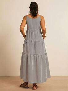 Freevana Đầm hai dây mùa hè dáng rộng kẻ sọc xẻ tà có túi - Đen và trắng - Xem 2