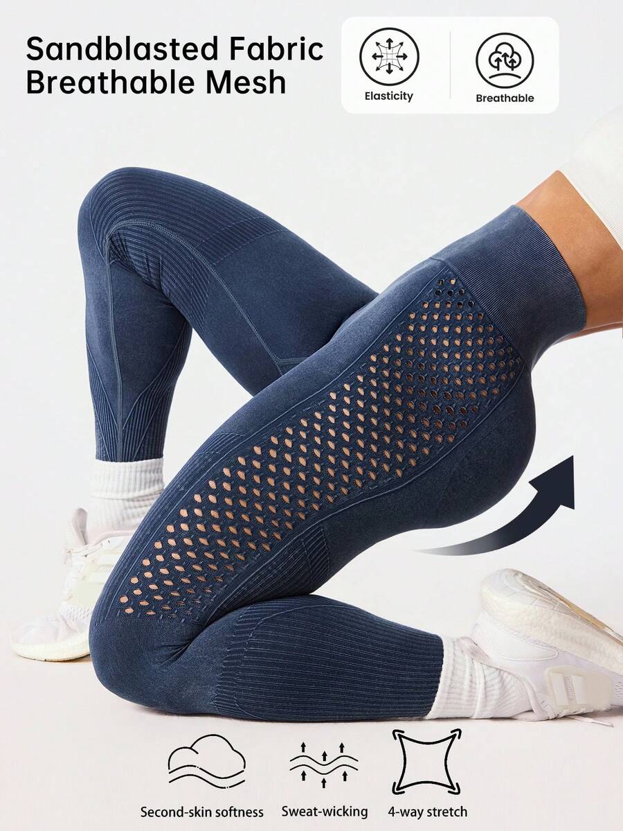 Dewbera Quần legging trơn màu, khoét lỗ, dáng ôm, không đường may, phong cách thường ngày. - Màu xanh hải quân - Xem 1