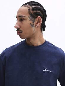 Men Navy Suede Texture Short Sleeve Crew Neck T Shirt With Small Script Logo Casual Relaxed Fit Everyday Wear Summer Spring - Blue - View 6