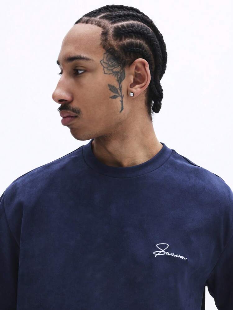 Navy Suede Texture Crew Neck T Shirt With Logo