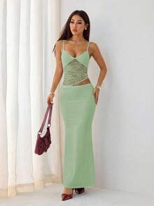SHEIN PETITE 夏季海滩度假风纯色蕾丝性感透视吊带长裙，适合日常约会、夜间外出、夜店、派对等场合。 - 薄荷綠 - 查看 7