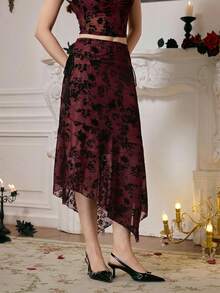 SHEIN MOD 女士不对称半身裙、蝴蝶结半身裙、秋冬女裙、返校节、文艺复兴风格裤装、秋季婚礼宾客半身裙、派对、复古风、优雅、办公室工作装半身裙、早午餐、返校季、商务休闲装、基础款、教师款、可爱款、90年代风、哥特风、韩版时尚、文艺复兴集市、长裙 - 酒紅色 - 查看 4