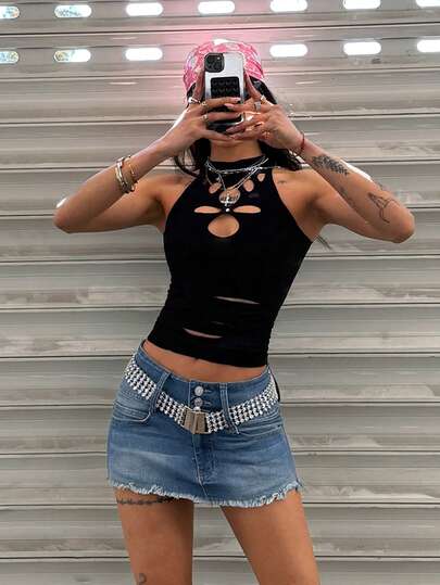 Jeanoix Women's Y2K Casual Fashionable Street Chic Daily Commute Frayed Hem Low Waist Denim Mini Skirt (Belt Not Included)