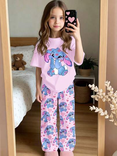 SHEIN Kawaii Pink Cute Cartoon Blue Rabbit Stitch Heart Pattern, Ballet Style, Young Girls Casual Slim Fit Round Neck Short Sleeve Pants Pajamas Suitable For Summer, Sweet Girl, Cute, Cozy Styles, 2026 New Style, Vacay Vibes, Easy Comfort, Y2K, Young Girl Clothes, Girls Outfit Sets, Kids Clothes Girls