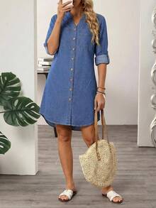 EMERY ROSE Women's Rolled Sleeve V-Neck Single-Breasted Casual Denim Dress With High-Low Hem - Blue - View 1