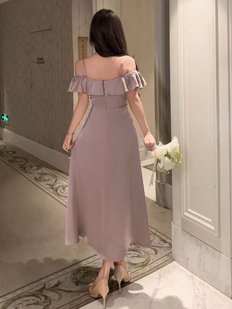Women's Elegant Solid Color Ruffle Off-Shoulder Mid-Length Dress, Summer,Wedding Guest Dress Women Sundress