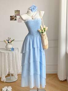 Comfortcana 女士夏季沙滩度假纯色褶皱上身多层下摆抹胸长裙 - 藍色 - 查看 8