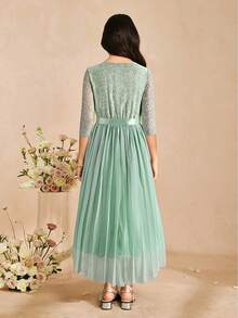 SHEIN Vestido de gasa de unicolor de cintura alta y longitud media con mangas de pétalos y ribete de encaje, elegante y minimalista, color verde, adecuado para graduación de adolescentes y bodas - Verde - Ver 2