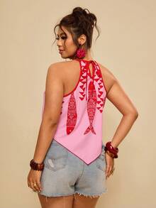 Travachic Plus Size Women Boho Summer Holiday Style Fish Print Halter Top - Red - View 3